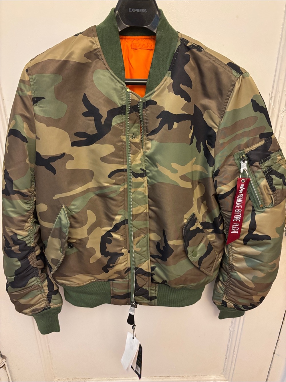 Alpha Industries Camo MA-1 Bomber Jacket with Orange Lining Reversible with poc.